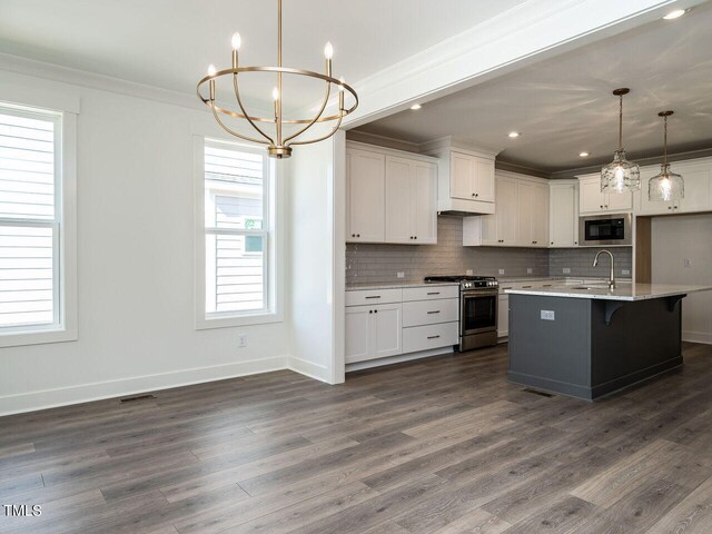 kitchen with appliances with stainless steel finishes, pendant lighting, a healthy amount of sunlight, and dark hardwood / wood-style floors