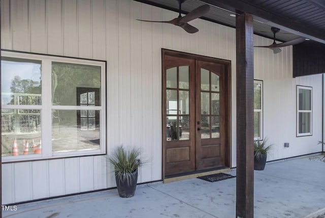 entrance to property with french doors and ceiling fan