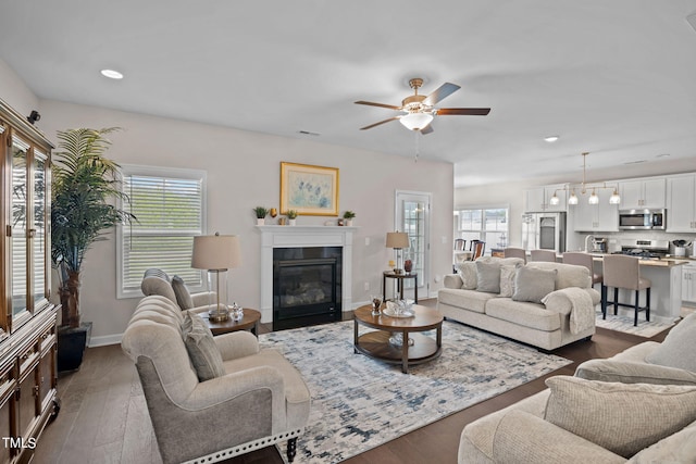 living room featuring a wealth of natural light, wood-type flooring, and ceiling fan