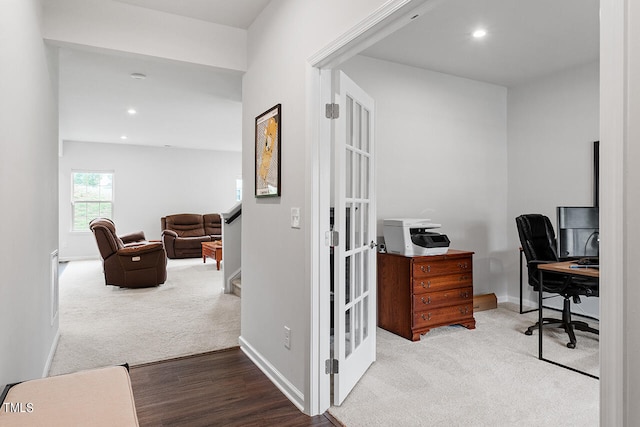 office area featuring french doors and light hardwood / wood-style flooring