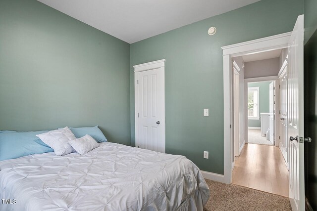 bedroom featuring light colored carpet