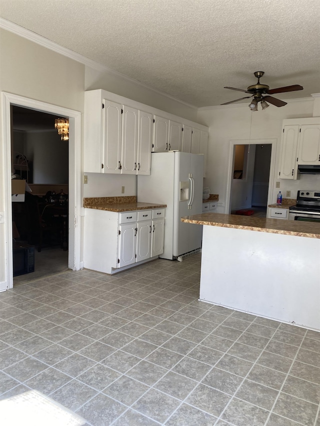 kitchen with white refrigerator with ice dispenser, white cabinets, light tile floors, and stainless steel range with electric cooktop