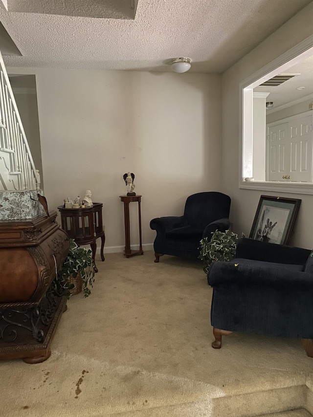 sitting room featuring carpet and a textured ceiling