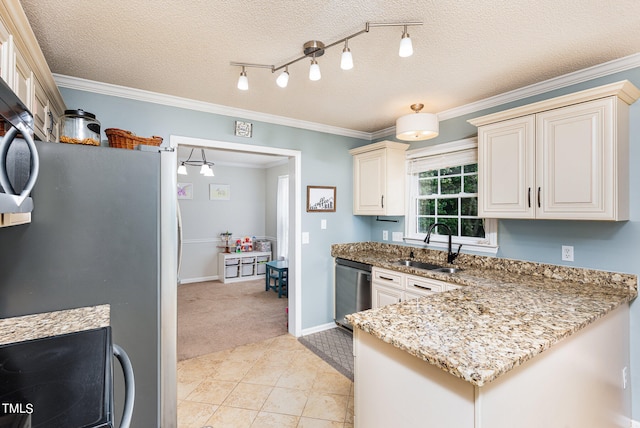 kitchen with appliances with stainless steel finishes, a textured ceiling, rail lighting, sink, and ornamental molding