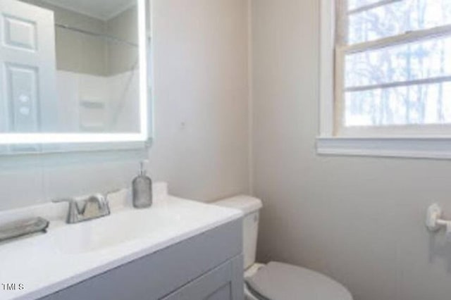 bathroom with vanity with extensive cabinet space and toilet