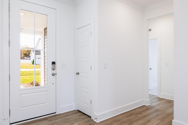 entryway with light hardwood / wood-style floors, a wealth of natural light, and ornamental molding