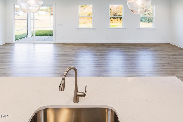 interior space featuring wood-type flooring, plenty of natural light, and sink