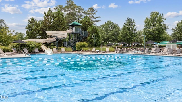 view of pool with a water slide