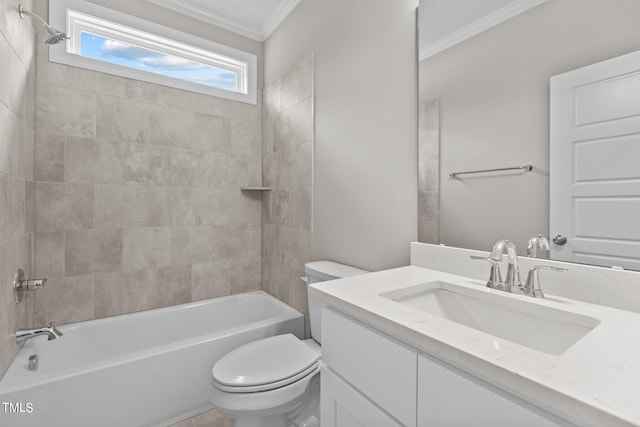 full bathroom with tiled shower / bath combo, crown molding, toilet, and vanity