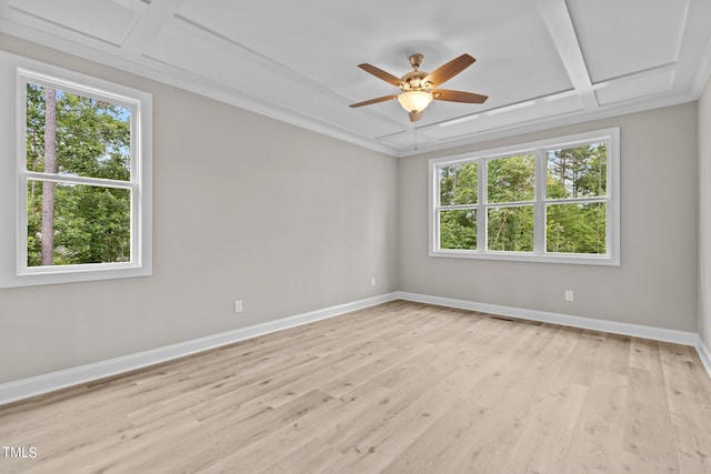 unfurnished room featuring ceiling fan, coffered ceiling, and light hardwood / wood-style floors