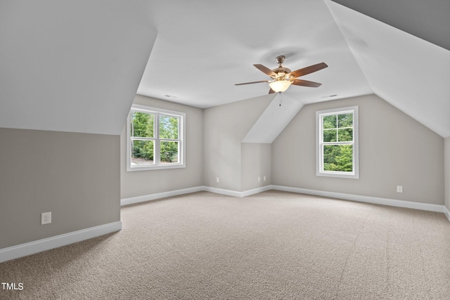 additional living space with light colored carpet, lofted ceiling, and a healthy amount of sunlight