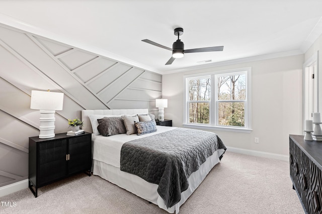 bedroom featuring carpet, crown molding, visible vents, a ceiling fan, and baseboards