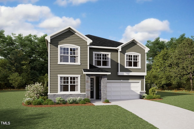 view of front of home featuring a front lawn, concrete driveway, stone siding, and an attached garage