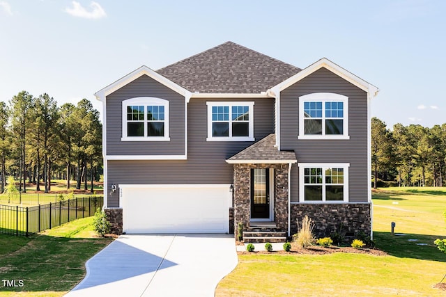 592 Barbour Farm Ln, Four Oaks, NC 27524 - view of front of house with stone siding, roof with shingles, and driveway