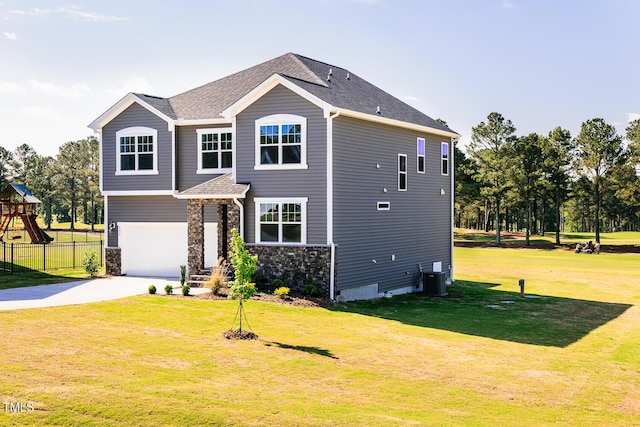 592 Barbour Farm Ln, Four Oaks, NC 27524 - view of front of house featuring concrete driveway, a garage, roof with shingles, and stone siding