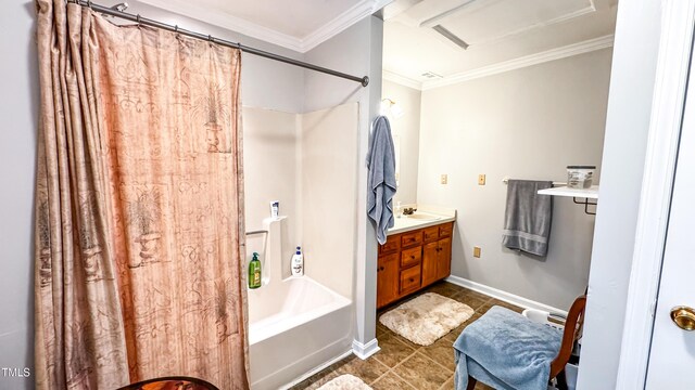 bathroom with crown molding, tile patterned flooring, shower / bath combo, vanity, and baseboards