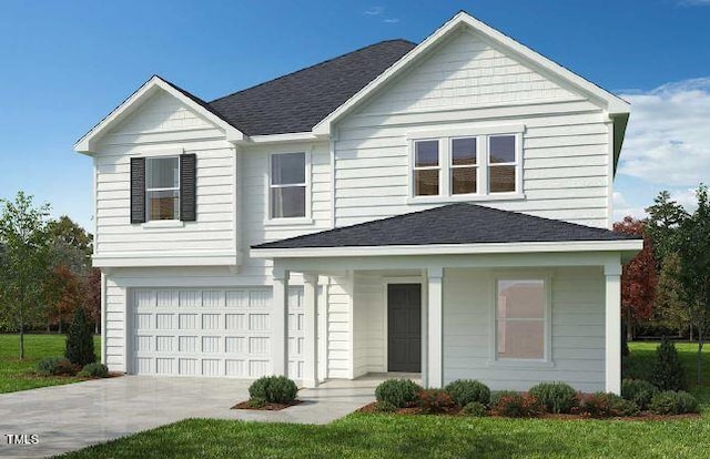 front facade featuring a garage and a front lawn