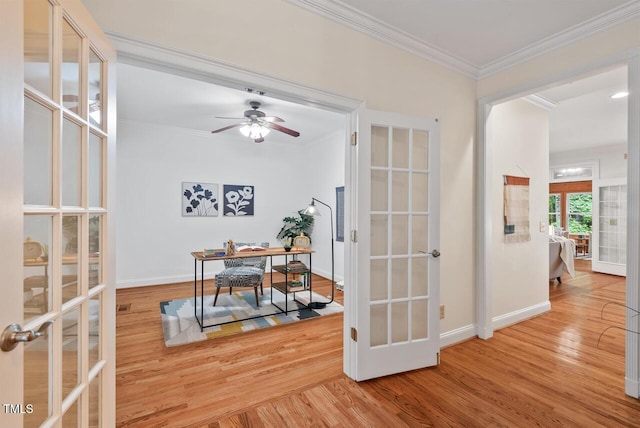 7811 Still Crossing Rd, Chapel Hill, NC 27516 - office space with french doors, ornamental molding, wood finished floors, baseboards, and ceiling fan