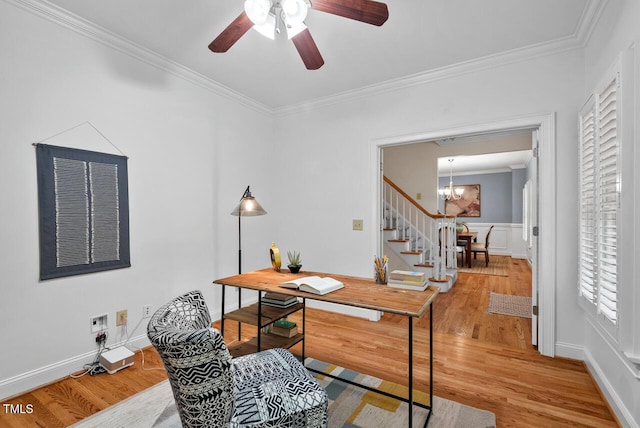 7811 Still Crossing Rd, Chapel Hill, NC 27516 - office space with ornamental molding, wood finished floors, a chandelier, ceiling fan, and baseboards
