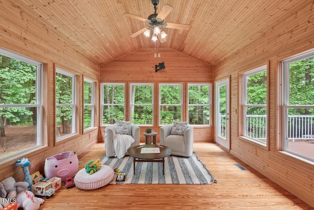 7811 Still Crossing Rd, Chapel Hill, NC 27516 - sunroom / solarium featuring wooden walls, lofted ceiling, wood finished floors, wood ceiling, and a wooden deck