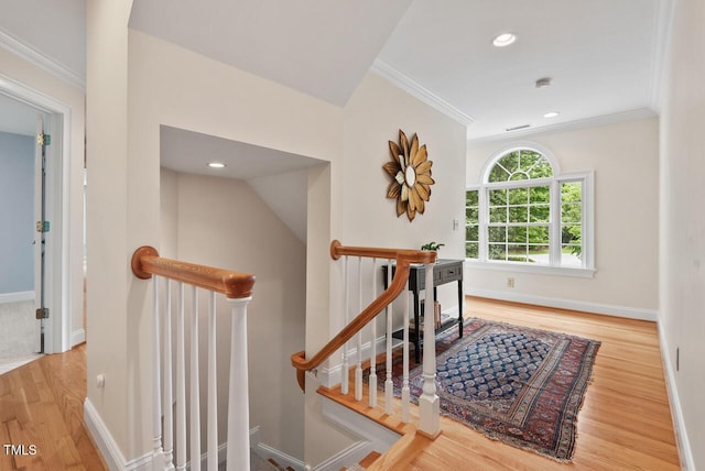 7811 Still Crossing Rd, Chapel Hill, NC 27516 - stairs with wood finished floors, ornamental molding, baseboards, and recessed lighting