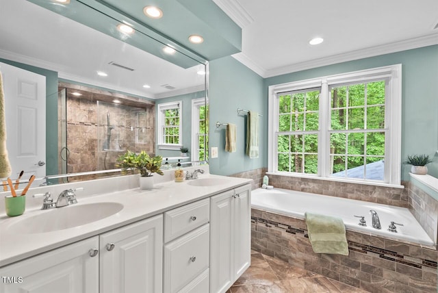 7811 Still Crossing Rd, Chapel Hill, NC 27516 - bathroom featuring a garden tub, double vanity, crown molding, a stall shower, and recessed lighting
