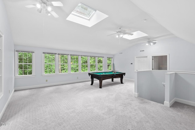 7811 Still Crossing Rd, Chapel Hill, NC 27516 - playroom featuring a skylight, a ceiling fan, lofted ceiling, carpet flooring, and baseboards
