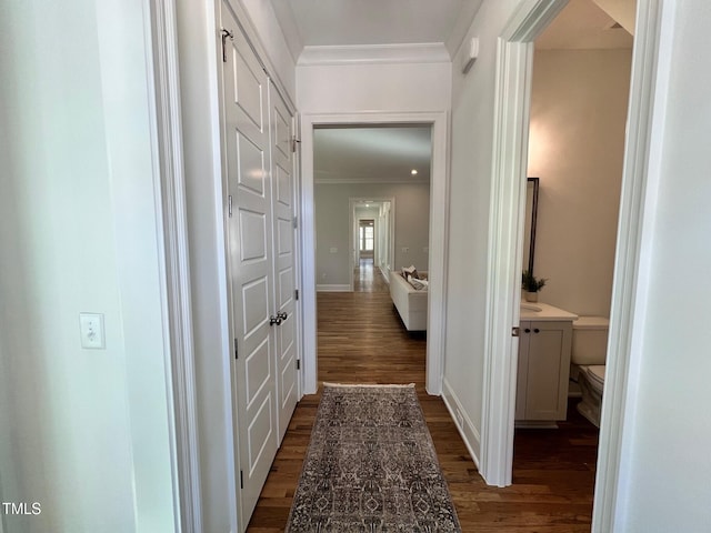 hall with ornamental molding and dark hardwood / wood-style flooring