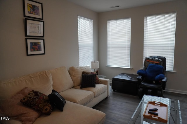 living room with a healthy amount of sunlight and hardwood / wood-style floors