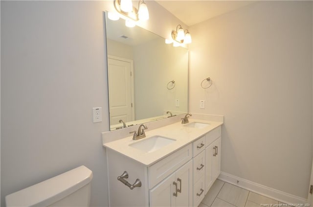 bathroom with vanity, toilet, and tile patterned floors