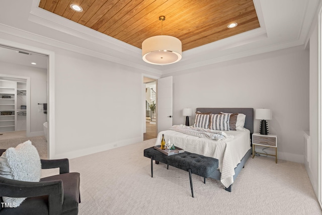 bedroom with a raised ceiling, light colored carpet, and wooden ceiling