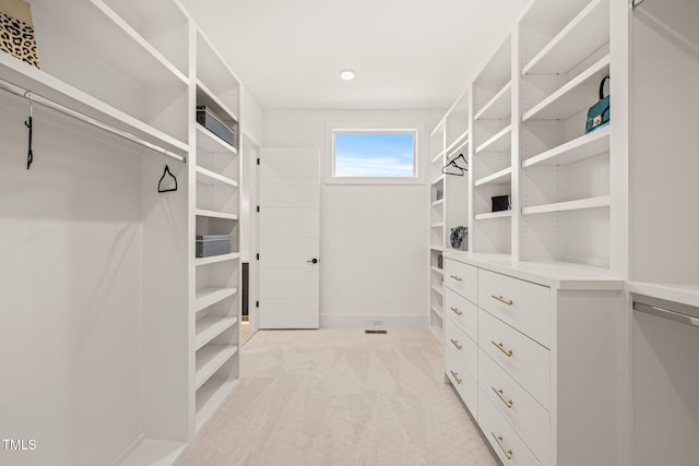 spacious closet featuring light carpet