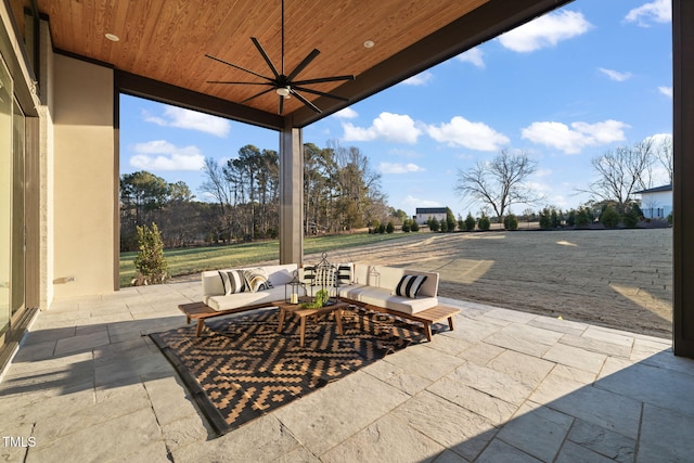 view of patio with ceiling fan and an outdoor hangout area