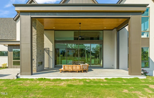 9009 Meadow Pointe Ct, Wake Forest, NC 27587 - rear view of property with a patio area, ceiling fan, a lawn, and an outdoor living space