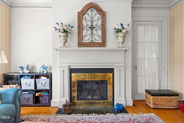 living room with ornamental molding and wood-type flooring