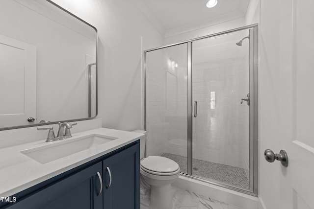 bathroom featuring ornamental molding, toilet, walk in shower, and vanity