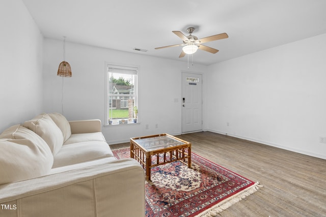 living room with ceiling fan and wood-type flooring