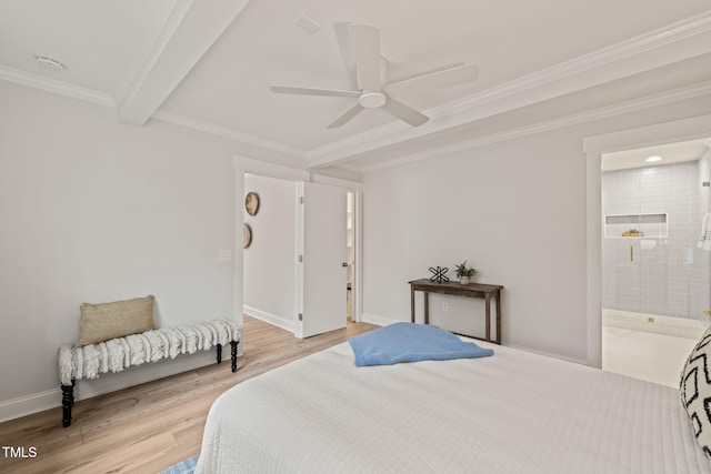 bedroom featuring light wood-type flooring, ensuite bathroom, ornamental molding, ceiling fan, and beamed ceiling