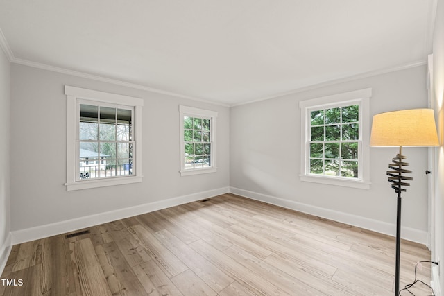 spare room featuring light wood-type flooring, a wealth of natural light, and ornamental molding