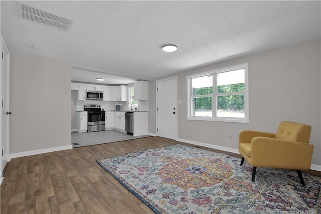 sitting room featuring wood-type flooring and sink