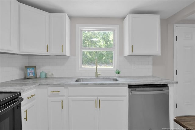 kitchen with white cabinets, dishwasher, stove, hardwood / wood-style floors, and sink