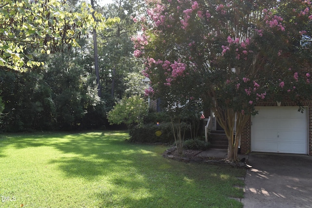 view of yard with a garage