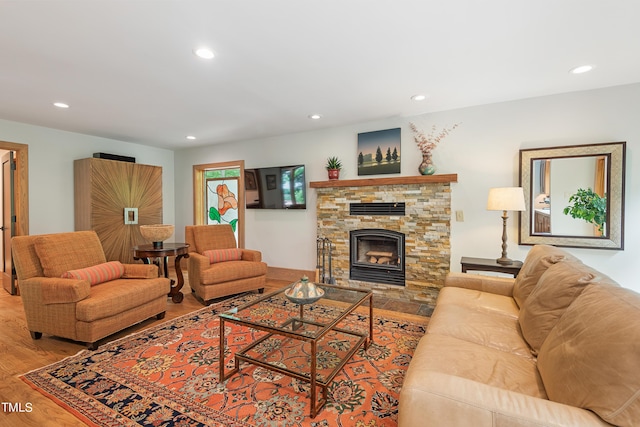 living room featuring wood-type flooring and a stone fireplace