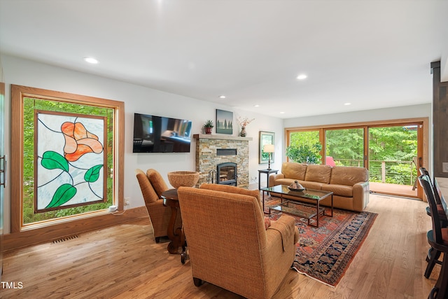 living room featuring a fireplace and light hardwood / wood-style floors