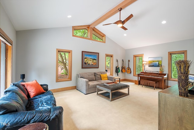 carpeted living room with beam ceiling, high vaulted ceiling, and ceiling fan