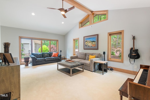 living room featuring beamed ceiling, ceiling fan, light carpet, and high vaulted ceiling