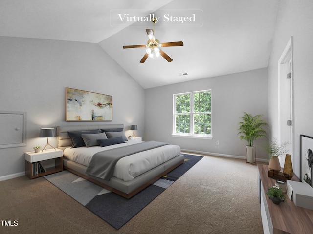 bedroom with carpet floors, ceiling fan, and lofted ceiling