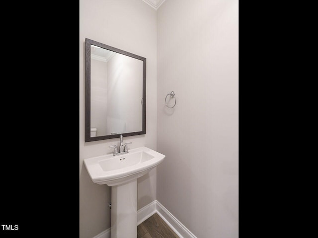 bathroom with crown molding, sink, and hardwood / wood-style flooring