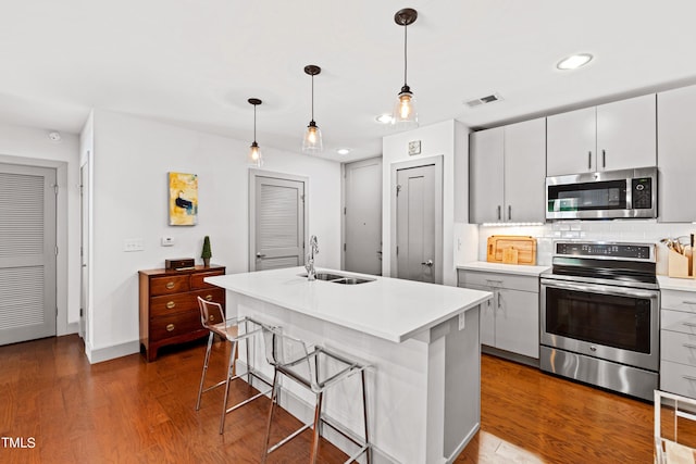 kitchen featuring backsplash, stainless steel appliances, a kitchen island with sink, sink, and decorative light fixtures