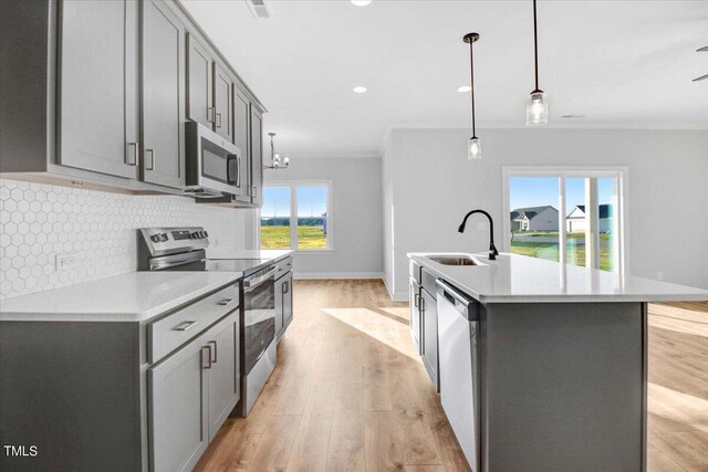 kitchen featuring sink, hanging light fixtures, a center island with sink, appliances with stainless steel finishes, and decorative backsplash